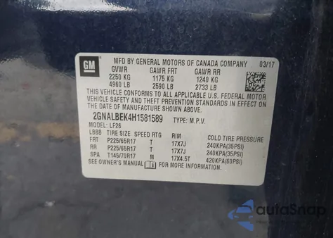 2017 Chevrolet Equinox Ls из США, поврежденный, VIN 2GNALBEK4H1581589